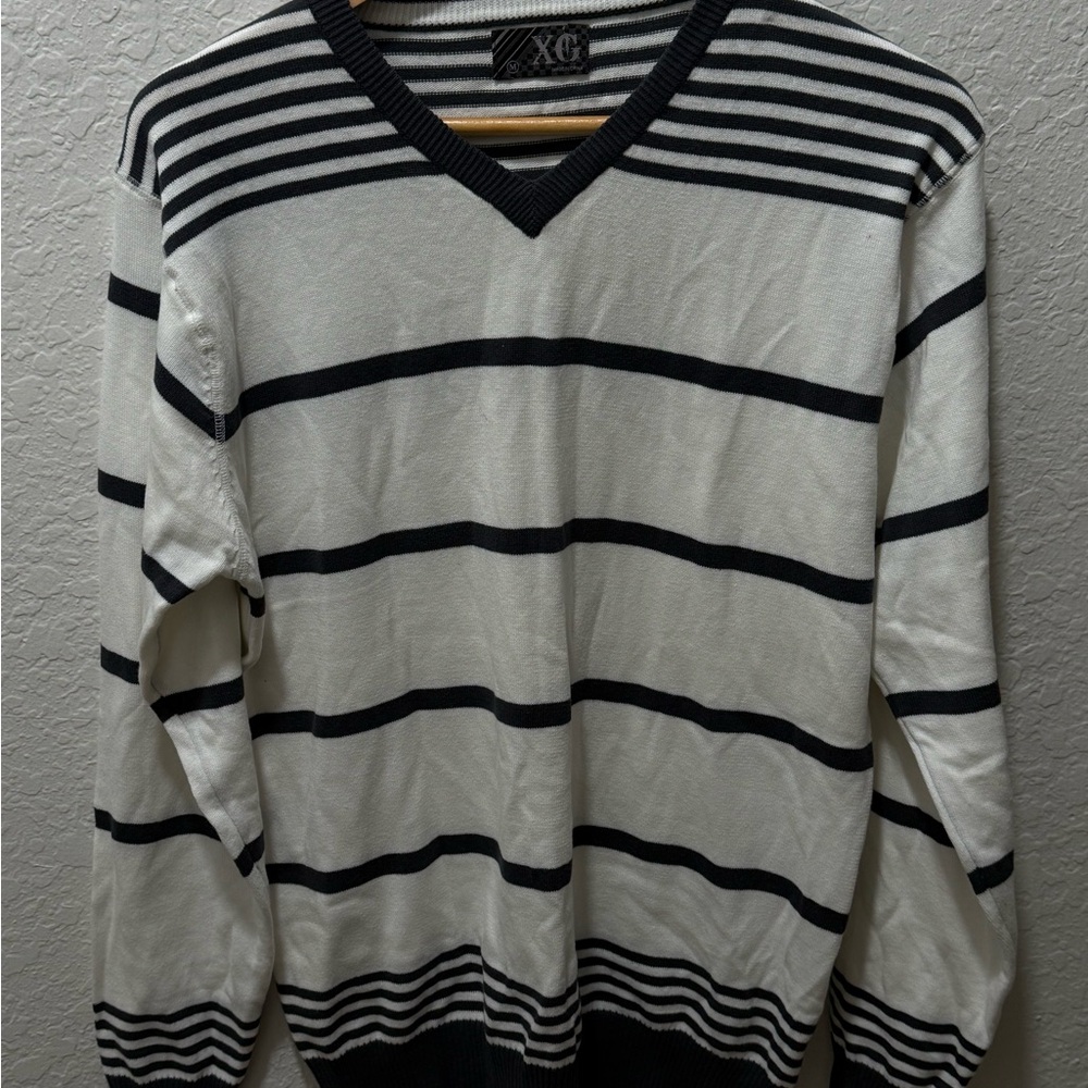 XC Men's V-Neck Black and White Striped Sweater